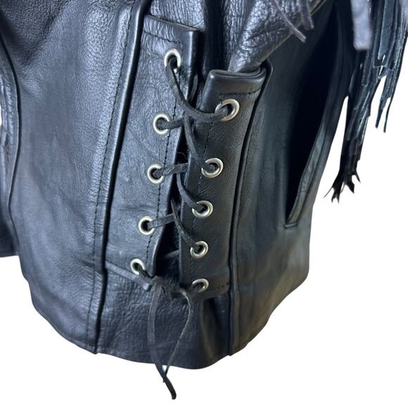 VTG Black Cow Hide Leather Fitted Biker Jacket Red Floral Embroidery Size Small - Picture 4 of 10